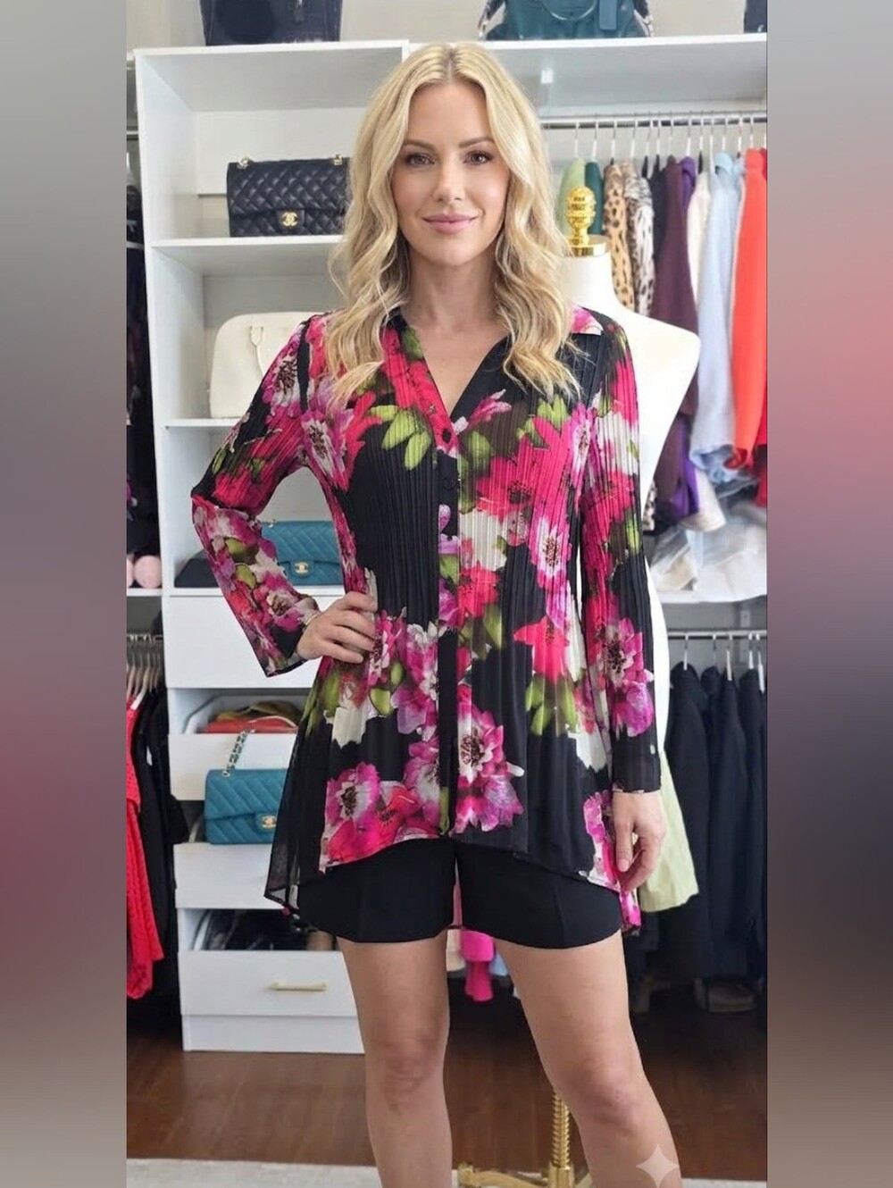 Sunny Leigh Black Tunic with Fuchsia Floral Print- Size M
